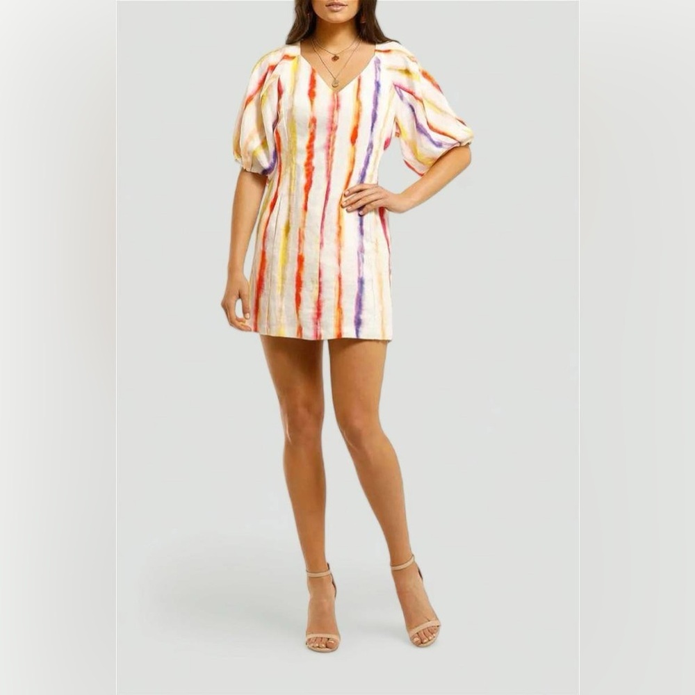 Nicholas x Revolve Shaanti Dress 0 XS Brushed Rainbow Rainbow Puff Sleeve Linen